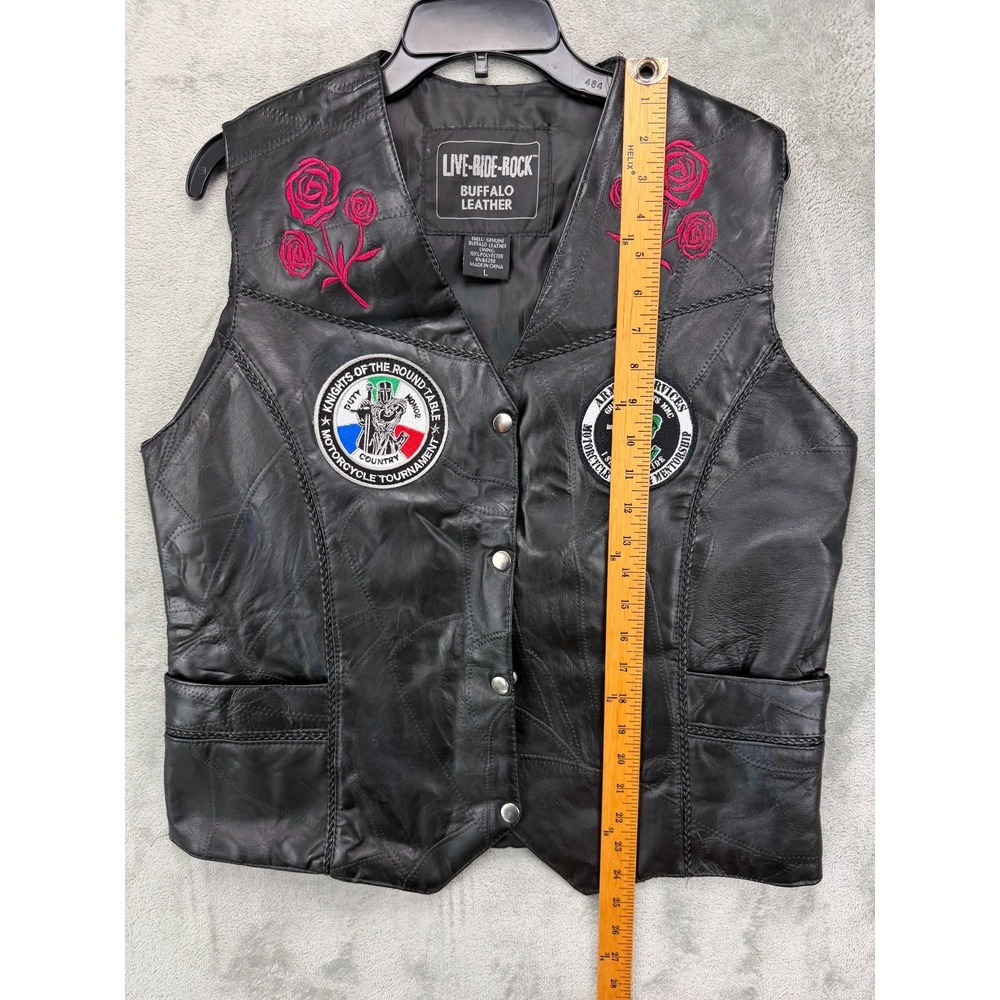 Live Ride Rock Women's Buffalo Leather Motorcycle Vest Sz‎ L Black Rose - Picture 3 of 8
